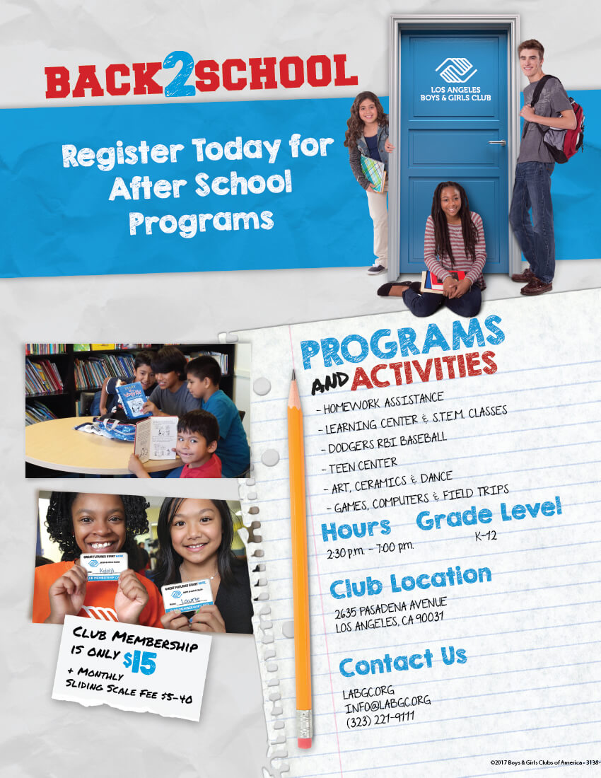 BACK TO SCHOOL! Register today for after school programs: Homework Assistance, Dodgers RBI Baseball, Learning Center, S.T.E.M. Classes, Teen Center, Art, Ceramics, Dance, Games, Computers and Field Trips (Grades K-12) 2:30PM – 7:00PM.