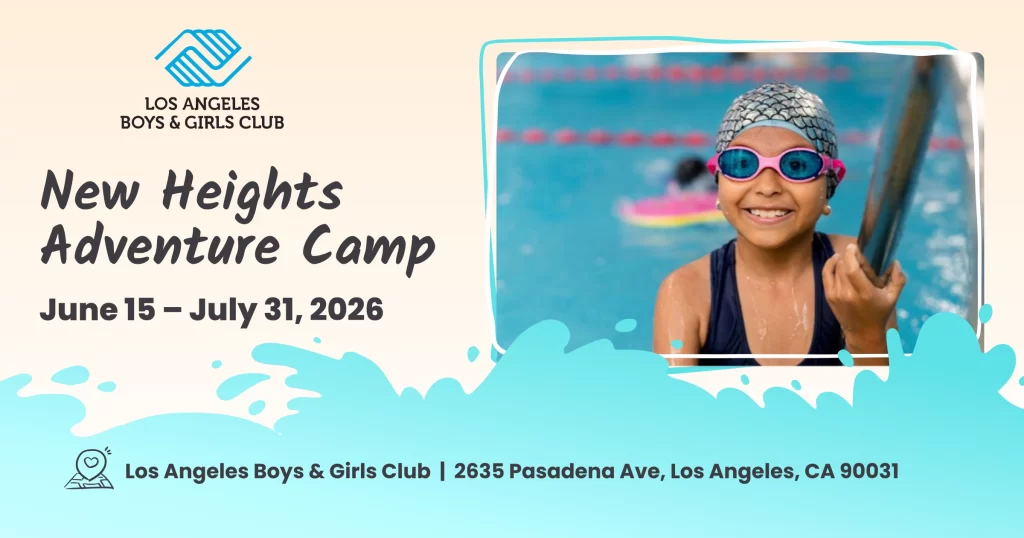 New Heights Adventure Camp, June 15 - July 31, 2026 - Los Angeles Boys and Girls Club. Image of a club member swimming in the pool